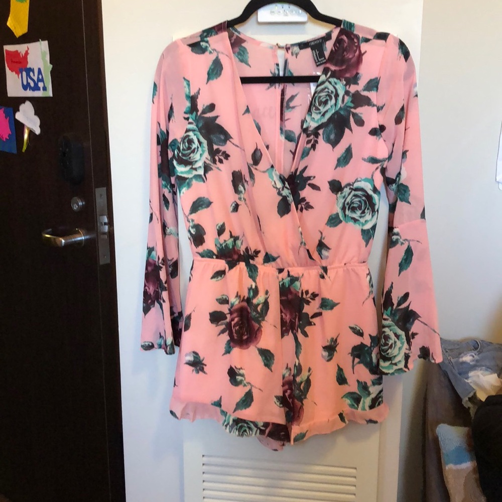 Pink floral belled sleeve romper